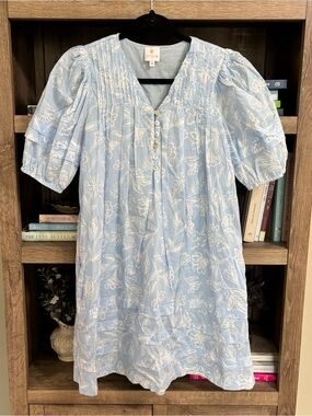 J. Marie Skye Light Blue Floral Puff Sleeve Tunic Dress, Size XS